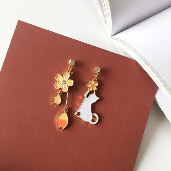 Sakura & Kitten Drop Earrings - Picture 3 of 5